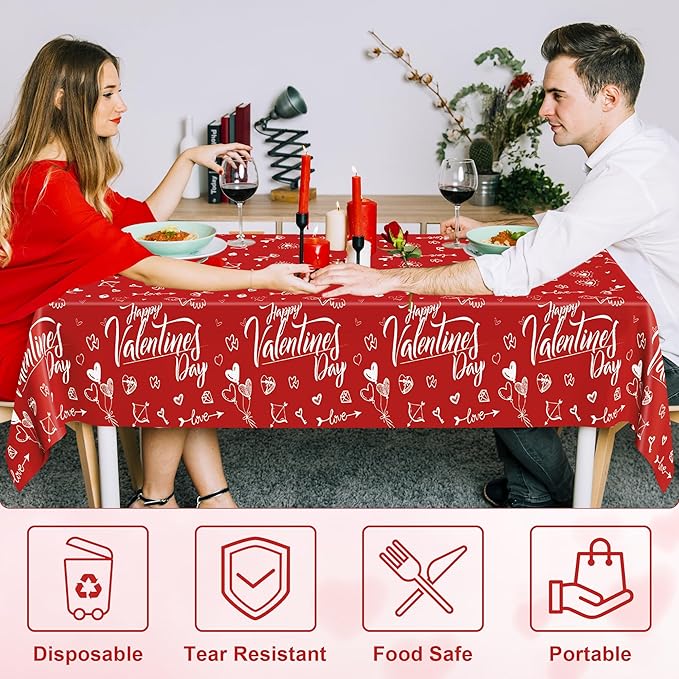 QZYL 4 PCS Valentines Plastic Tablecloths, 54" X 108" Love Heart-Shaped Tablecloths, Disposable Red Valentines Decorations, Rectangle Romantic Galentines Party Favors for Wedding Anniversary Supplies