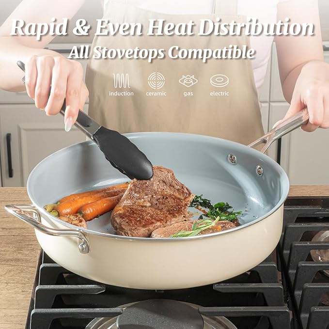 Nonstick Saut챕 Pan with Lid 5 QT Deep Frying Pan with Stainless Steel Helper Handle 12 inch Large Skillet Ceramic Jumbo Cooker for Healthy Cooking, Induction Compatible Cookware, PFOA Free