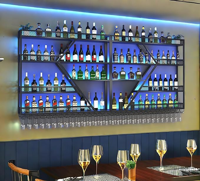 Modern Wall Mounted Wine Rack w/LED Light, Metal Wall Bar Shelves Wall Mounted w/Glass Holder, Large Liquor Shelf for Liquor Bottles for Home Bar & Dining Room(Black-Blue Led, 4 Tier-94in)