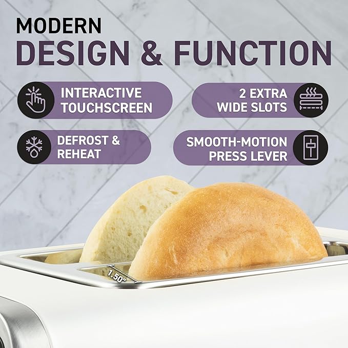 Inspirex Touch Screen Toaster - 2 Extra Wide Slots - 5 Bread Types and 6 Browning Levels - Defrost, Reheat, Favorite, & Single Slot Modes - For Toast, Bagels, & Waffles ??White