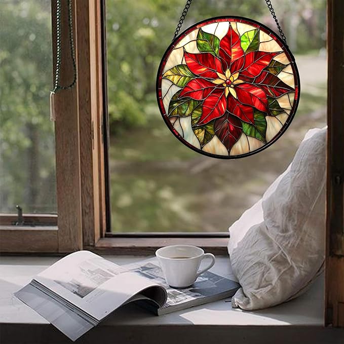 Stained Glass Window Hanging - Red Poinsettia Birth Flowers Suncatcher for Door Garden Yard Sun Catchers Decor Christmas Mother's Day Birthday Gifts for Women Mom Nana Teacher Friend 7.8 in