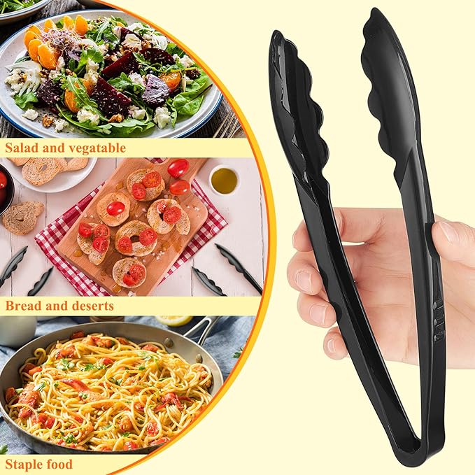 Tessco for you 100 Pcs Plastic Tongs for Serving Bulk, 9 Inch Plastic Disposable Serving Tongs Heavy Duty Salad Utensils for Kitchen Buffets BBQ Events Catering (Black)