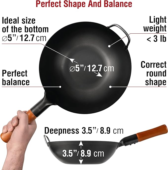 YOSUKATA Carbon Steel Wok Pan ??13,5 ??Stir Fry Pans with Flat Bottom + Premium Wok Cover 13.5 inch Pan Lid + 17?쇺?Spatula and Ladle
