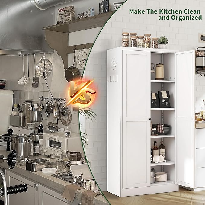 Kitchen Pantry Cabinet,White Metal Pantry Cabinet with 2 Doors & 4 Adjustable Shelves,61" Farmhouse Utility Storage Cabinet Rust-Resistant for Living Room,Dining Room,Bathroom,Garage,Basement