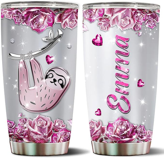WONWIX Personalized Sloth Themed Insulated Stainless Steel Tumbler, Ideal Sloths Gifts for Women Girls Wife Daughter, 20oz Coffee Cup Mug Water Bottle, Christmas, Birthday, Mother's Day, Valentine