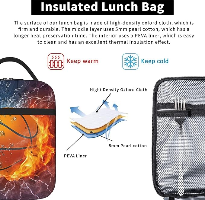 YIJIUWKIS Basketball Lunch Box for Kids Teens Boys Girls, Sports Insulated Lunch Bag Leakproof Portable Meal Bags with Side Pocket, Durable Reusable Tote Bag for Beach/Picnic/School/Work