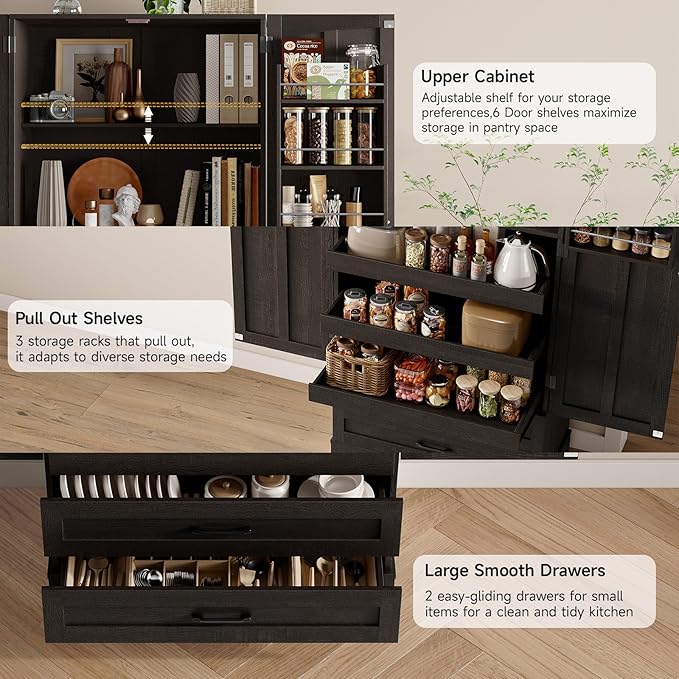 ONBRILL 71" Tall Farmhouse Kitchen Pantry Cabinet with 3 Pull Out Shelves & 2 Large Drawers, Pantry Storage Cabinet with 6 Door Shelf & Adjustable Shelf, Freestanding Cupboard for Kitchen, Dining Room