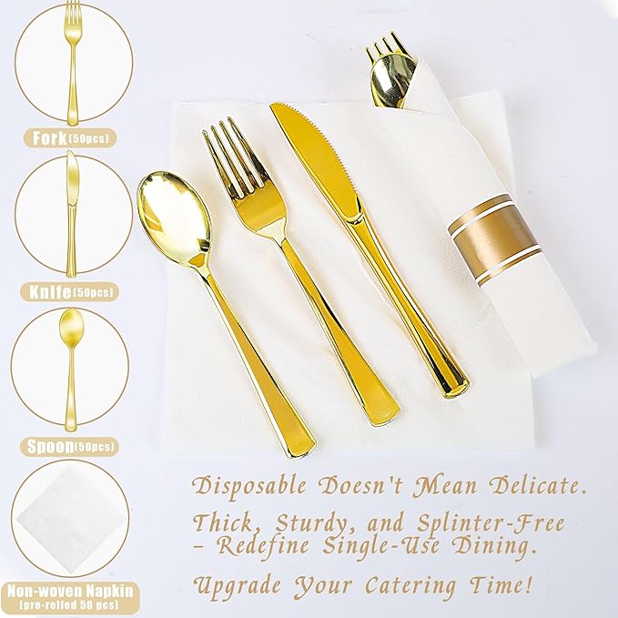 Zcaukya 350 PCS Gold Plastic Dinnerware for 50 Guests, Elegant Disposable Utensils Set with 100 Plates, 50 Pre-Wrapped Napkins, 50 Cups, 50 Spoons, 50 Forks and 50 Knives for Birthday Parties Weddings