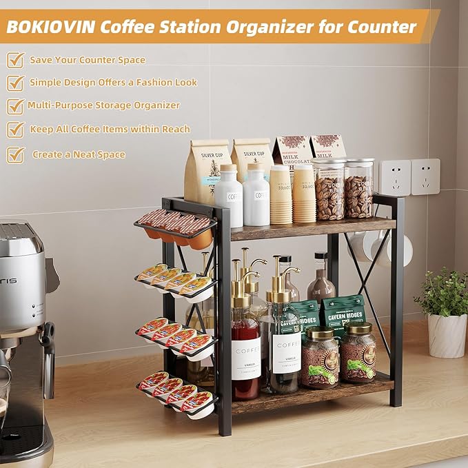 Coffee Bar Shelf Accessories Organzier for Countertop with K Cups Holder, 2 Tier Coffee Stand Station Organizer for Countertop with 2 Hooks(Black)
