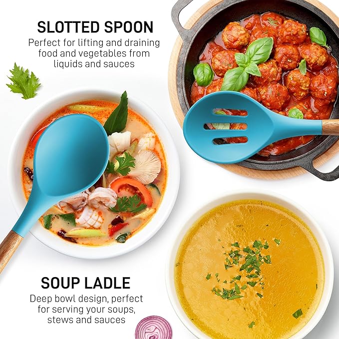 Zulay Kitchen Non-Stick Cooking Utensils Set with Authentic Acacia Wood Handles ??5-Piece Durable & Stylish Silicone Kitchen Utensils Set ??Heat Resistant to 464째F ??Blue