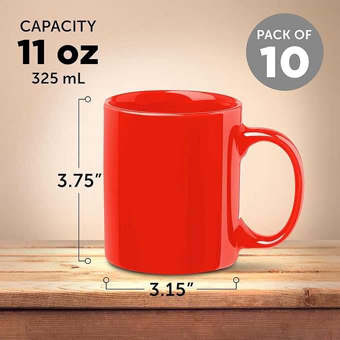 DISCOUNT PROMOS Ceramic Coffee Mugs 11 oz. Set of 10, Bulk Pack - Coffee cup set, Iced coffee cup, Gaming mug - Red