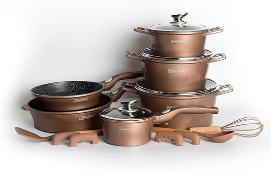 17 piece Induction Cookware Set - with Non-Stick Coating - Stackable Pots and Pans Set with Removable Handles - Oven Ready - PFOA Free - All Heat Sources - copper