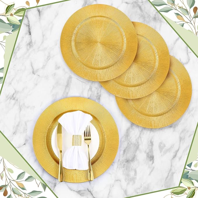 Tanlade 100 Pcs Charger Plates Bulk, 13 Inch Plastic Round Charger Dinner Plates Elegant Wedding Serving Plate for Event Tabletop Wedding Party Bridal Baby Shower Decor (Glitter Gold)