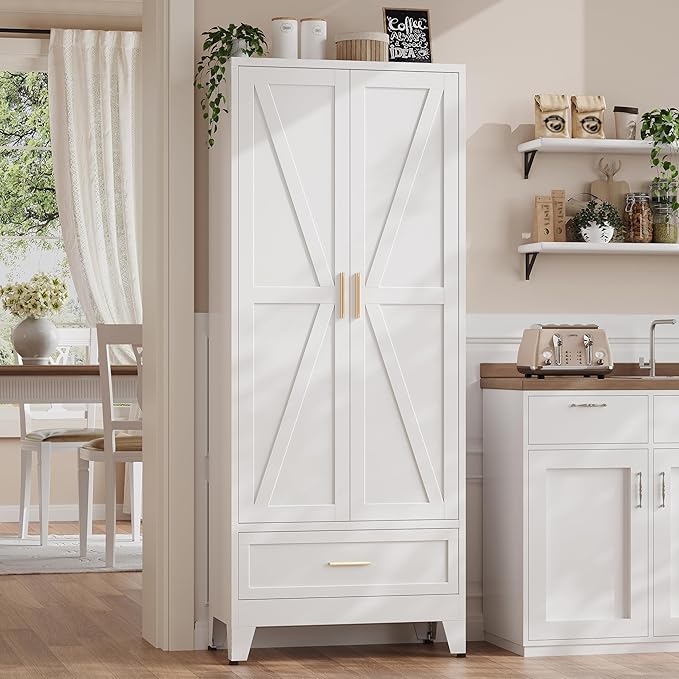 71?쏦 Kitchen Pantry Cabinet with Drawers,Tall Kitchen Pantry Cabinets,Metal Food Storage Cabinets, White Pantry Cabinet with 4 Doors, Large Freestanding Cabinets for Dining Room, Living Room