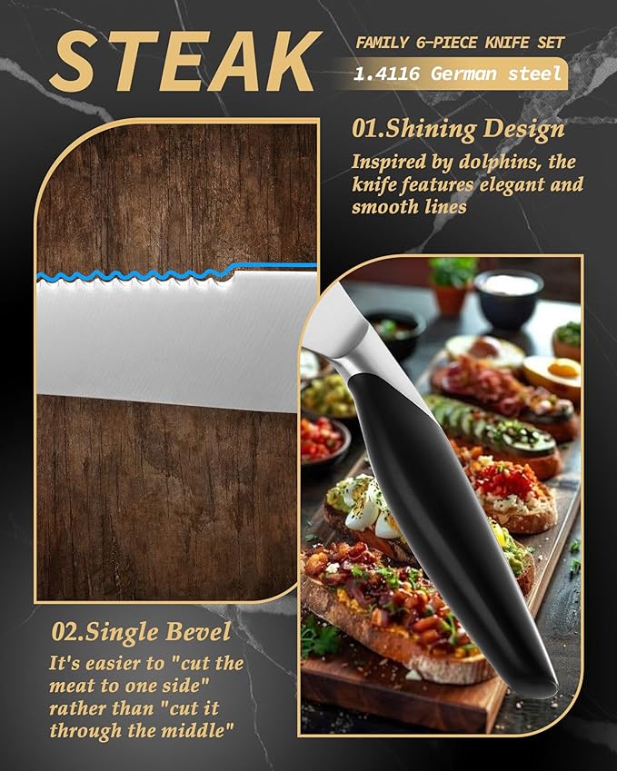 Steak Knives Set of 6, Serrated Edge German 1.4116 Stainless Steel, Forged Black Resin Handle - Dishwasher Safe Steak Knife Set for Dinner, Restaurant & Home Use