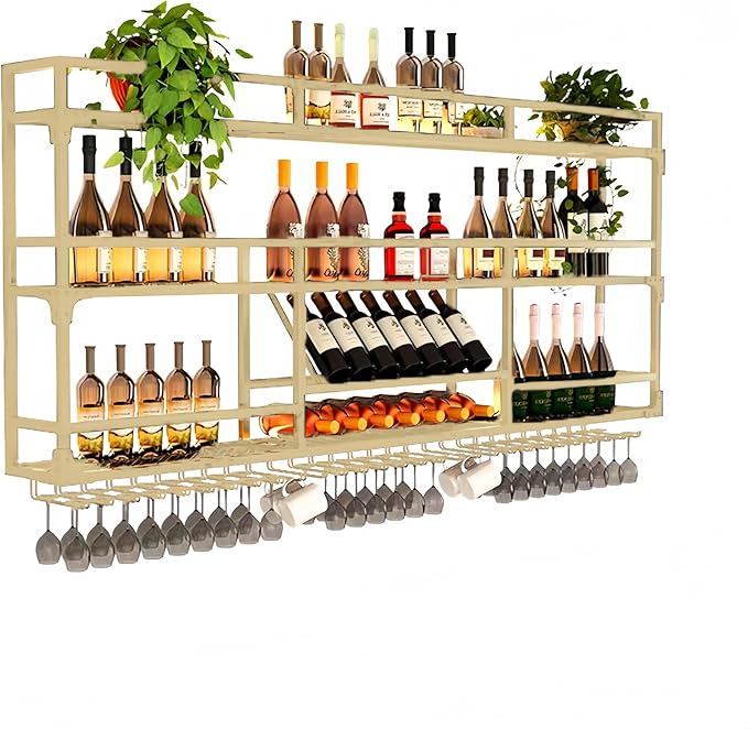 79Inch Metal Wall-Mounted Wine Rack with LED Light - 3 Tier Wine Storage Display Rack with Glass Holder - Space-Saving Bottle Display Shelf for Home Bars, Dining Rooms, Gold
