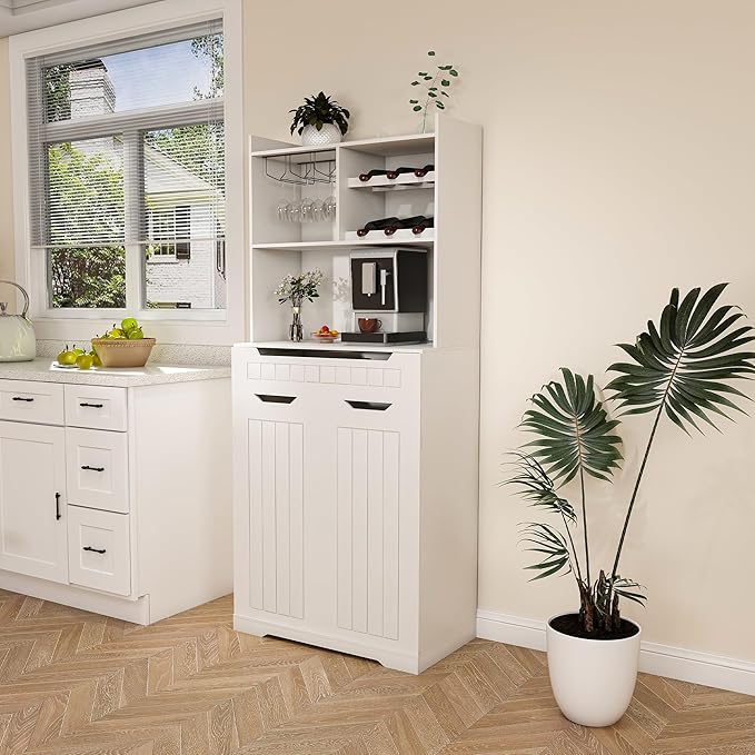 70" Tall Kitchen Pantry Cabinet with Charging Station & Drawer,Farmhouse Modern Wood Small Storage Cabinets w/Wide Tabletop,Wine Rack & 6 Door Shelves,for Small Kitchen,Living & Dining Room,White