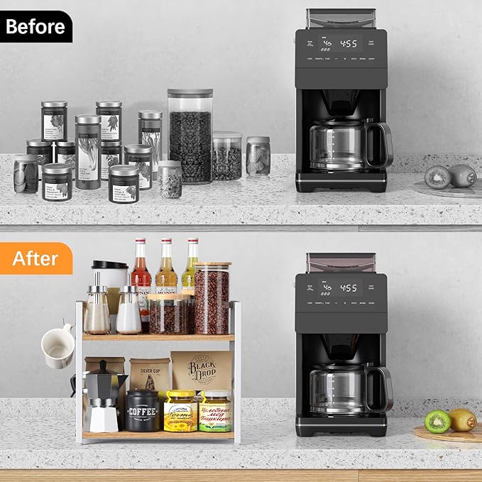 Spice-Rack-Organizer-Shelf for Kitchen Counter, 2 Tiers Coffee Bar Station Organizer for Countertop竊똕pace Saving Desk Shelving Riser Unit (Maple, Medium)
