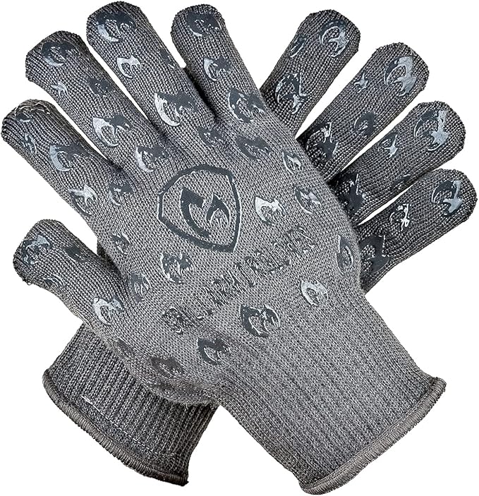 Oven Gloves with Fingers - 932째F Extreme Heat Proof and Cut Resistant Mitts for Kitchen, BBQ, Grill, Baking, Fire Pit - EN407 Certified with Non-Slip Silicone Grip and Cotton Lined for Comfort