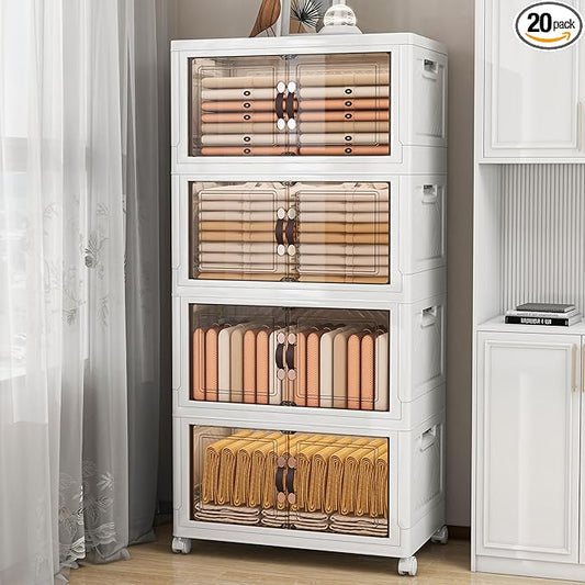 Storage Bins with Lids and Wheels, 440QT-110QT*4Tier Collapsible Bathroom Storage Cabinet with Clear Doors, Plastic Stackable Closet Organizers and Containers White