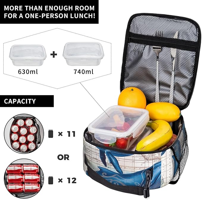 VANZEV Vintage Ocean Whale Lunch Box for Adults Women Girls Boys Kids Nautical Ocean Animal Lunch Box Insulated Cooler Reusable Lunch Bag Container Gifts for Work Office Picnic Travel School
