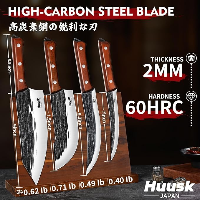 Huusk Butcher Knife Set, 4 PCS Hand Forged BBQ Knife Set for Meat Cutting, Sharp Meat Carving Breaking Knives with Ergonomic Handle, Christmas Gifts for Men Women