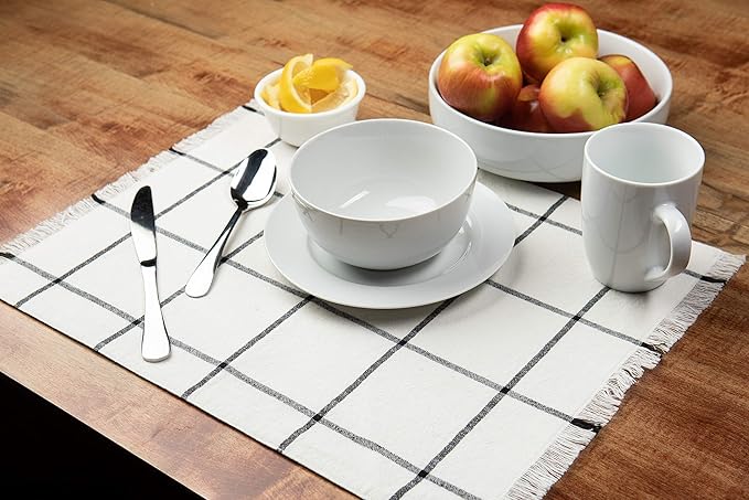 Sticky Toffee Woven Cotton Placemats Set of 4, Cream Farmhouse Plaid, 14 x 19 in, Washable Table Mats for Kitchen or Dining Table