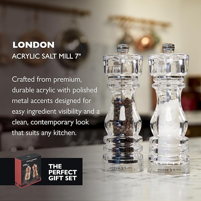 Cole & Mason London Refillable Spice Mill - Kitchen & Home Accessory - Table Salt Grinder - Salt Mill with Ceramic Mechanism - 7", Acrylic