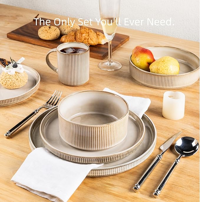 GBHOME Stoneware Dinnerware Sets for 8,Round Reactive Glaze Ceramic Plates and Bowls Set,Highly Scratch Resistant| Dishwasher & Microwave Safe Dishes Set,Service for 8(24pc)竊똂appuccino