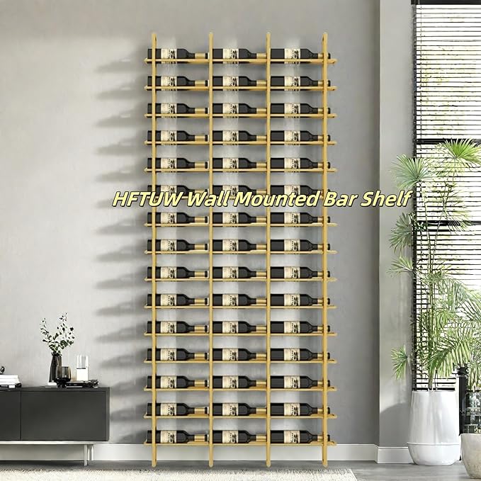 15-Bottle 1-Column Wall-Mounted Wine Rack, Gold Metal Wine Bottle Holder with Vertical Design, Space-Saving Wine Storage Shelf for Home Bar, Kitchen, Restaurant & Cellar(15 Bottles, 15.75" W)