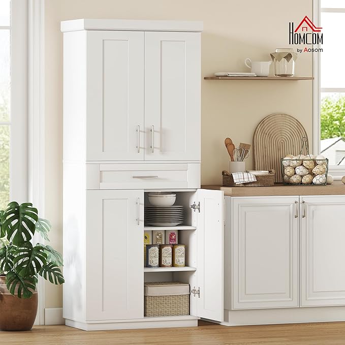 HOMCOM 72" Kitchen Pantry Cabinet, Freestanding Tall Storage Cabinet with 4 Doors, Drawer and 3 Adjustable Shelves for Dining Room, White
