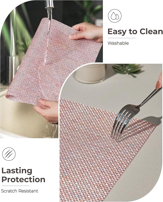 Leetaltree Luxury Pink Iridescent Placemats Set of 4 - Waterproof Washable for Wedding, Anniversary, Festive and Daily Use - Sparkling Table Mats Table Decor - Hand-Cut