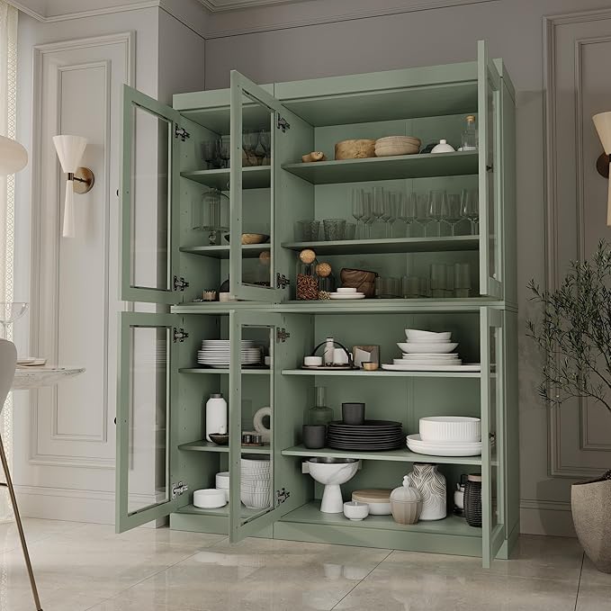 Palace Imports 100% Solid Wood 48.5" Pantry China Cabinet with Clear Glass Doors and Adjustable Shelves (Sage)