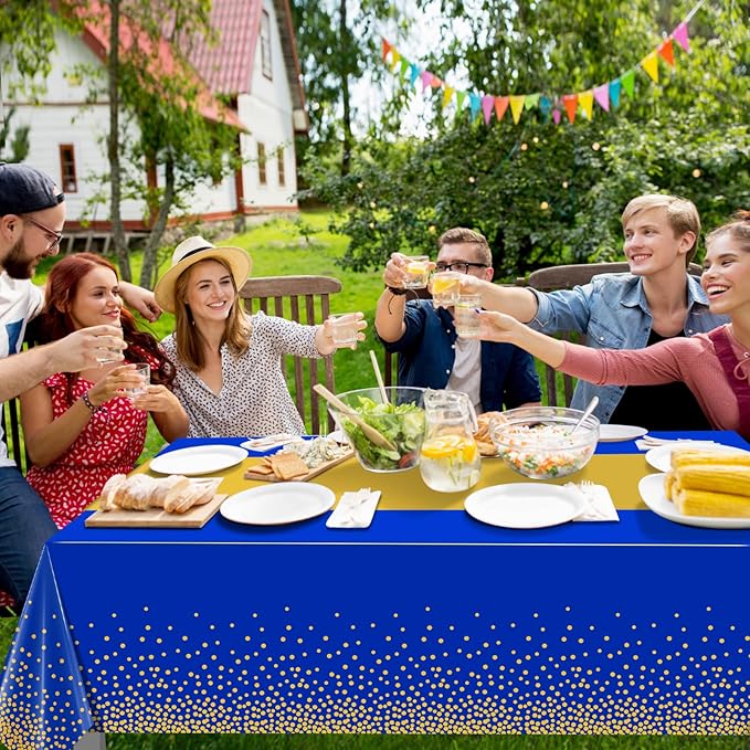 12Pcs Blue Gold Tablecloth Party Decorations,Plastic Royal Blue Table Cloth Printed Gold Tables Runner Disposable Rectangle Table Cover for Birthday Anniversary Wedding Graduation Party,54 x108 Inch
