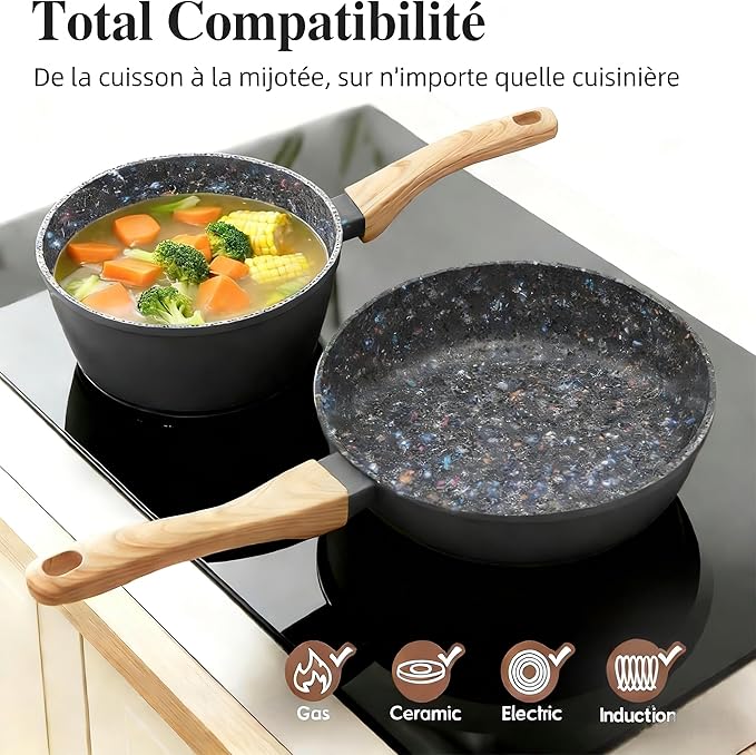 3-Piece Nonstick Cookware Set, 8.5 Inch Frying Pan & 2 Pots with Lids | PFAS & PFOA Free Non-Toxic Coating | Induction Compatible, Dishwasher Safe | Pots and Pans Set for Beginner Kitchen
