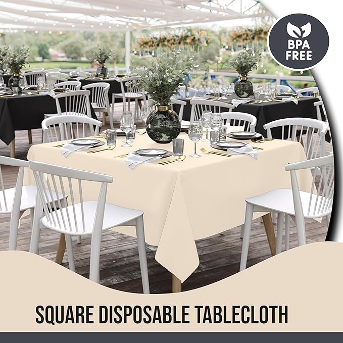 Party Solids 12-Pack Ivory Square Plastic Disposable Tablecloth ??Size: 70 횞 70 Inches ??Square Table Cover for Parties, Picnics & Formal Events
