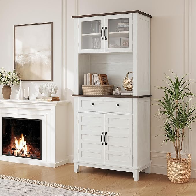 Elegant White Modern Wood Pantry Coffee Cabinet with Ample Storage, Spacious 72" Tall Kitchen Bar Cabinet Hutch Featuring 4 Stylish Glass Doors & 1 Smooth Drawer, Versatile Stand-Alone Food Pantry