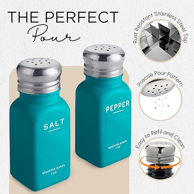 Teal Salt and Pepper Shakers Set with Holder by Brighter Barns - Turquoise Kitchen Decor, Modern Kitchen Essentials, Dining Table Decor - Salt Shaker with Caddy for Dining Room, Restaurants (Teal)