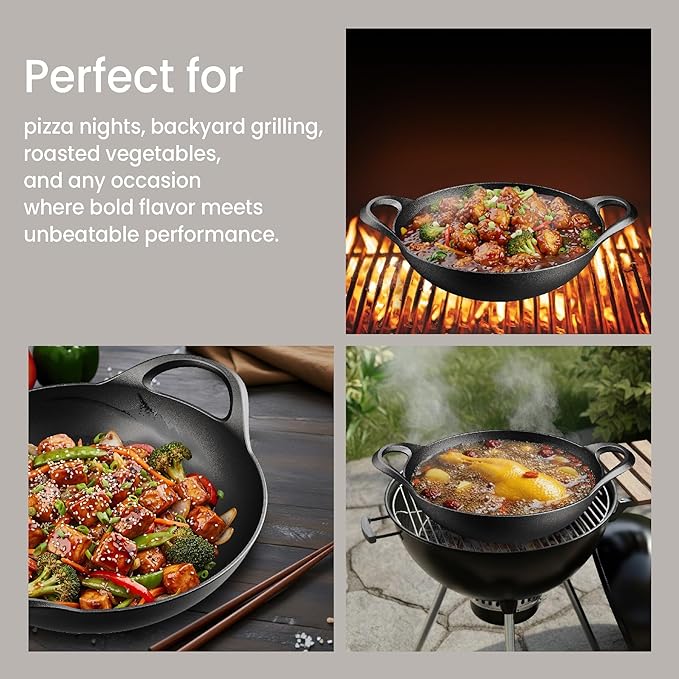 Bakken Pre-Seasoned Cast Iron Wok with Wooden Lid, 14" Stir Fry Pan for Gas, Electric, Induction & Open Fir, Heavy-Duty Flat Bottom Wok with Dual Handles for Even Heating & High-Heat Cooking, 8.8 lbs