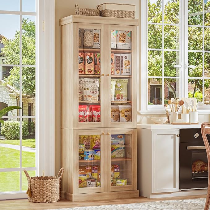 70.8" Tall Farmhouse Bookshelf with Glass Doors, Modular Bookcase with 6-Tier Adjustable Shelves, Large Storage Cabinet for Kitchen, Living Room, Brown, Set of 4