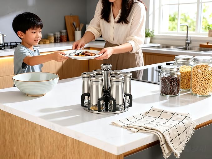 360째 Rotating Spice Rack竊똕pice Rack Organizer for Cabinet - Includes 6pcs Glass Spice Jars and Labels,Spice Storage, Cooking, Outdoor BBQ,(Spices Not Included) (Modern)