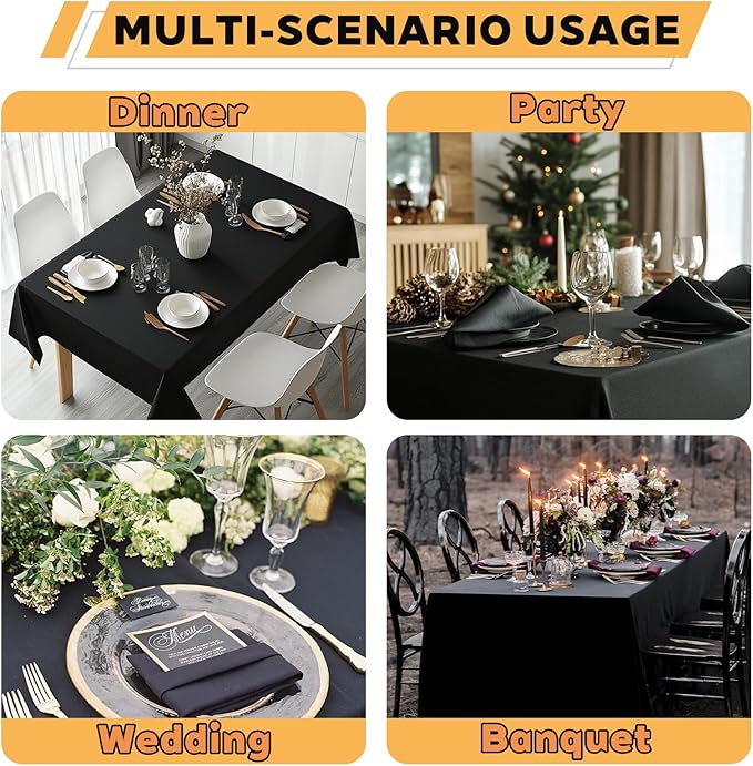 TWINPRET Rectangle Tablecloth 60 x 126 Inch, Black Waterproof Washable Polyester Table Cloth - Stain & Oil Resistant Rectangular Table Cover for Outdoor, Indoor, Banquet & Party (Fits 8 Foot Tables)