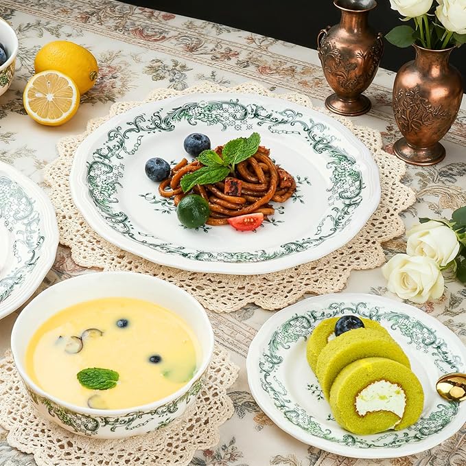 Ceramic Dinnerware Set 12Piece Ornate Edge Dish Set for 4 Vintage Green Floral Elegant ChipResistant Kitchen Plates Bowls for Daily Use & Party Microwave & Dishwasher Safe(Green)