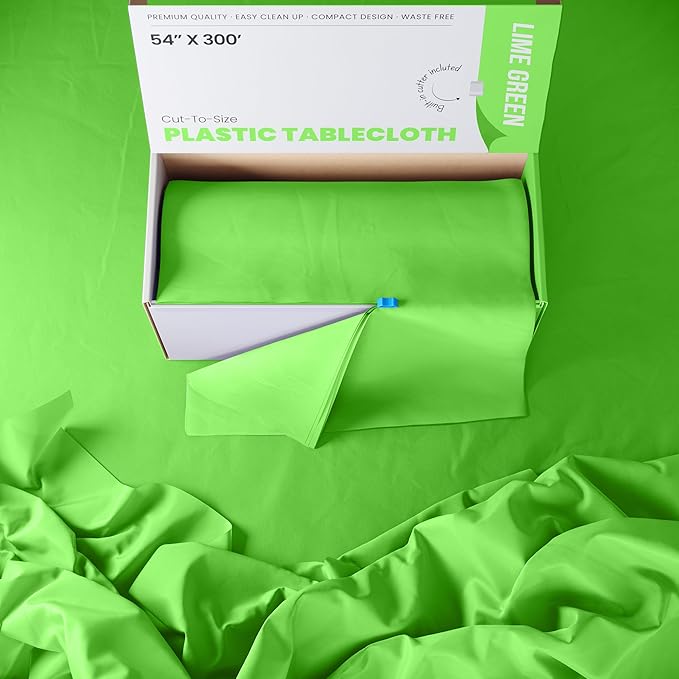 Exquisite Lime Green Plastic 54x300in Tablecloth Roll, Heavy Duty Disposable, Waterproof, Built-in Cutter, 36 Rectangle Table Covers, All-Season