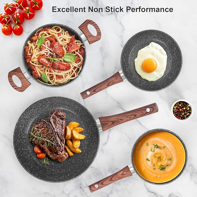 Granite Pots and Pans Set Non Stick, 11 Piece Die-Cast Induction Cookware Set, Nonstick Kitchen Cooking Set w/Frying Pans & Saucepans, PFOA Free