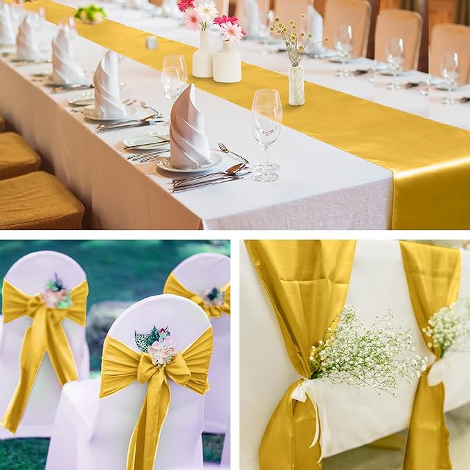 Aneco 4 Pack Satin Table Runner 12 x 108 Inch Golden Long Bright Silk and Smooth Fabric Party Table Runner for Wedding Banquet Party Decoration