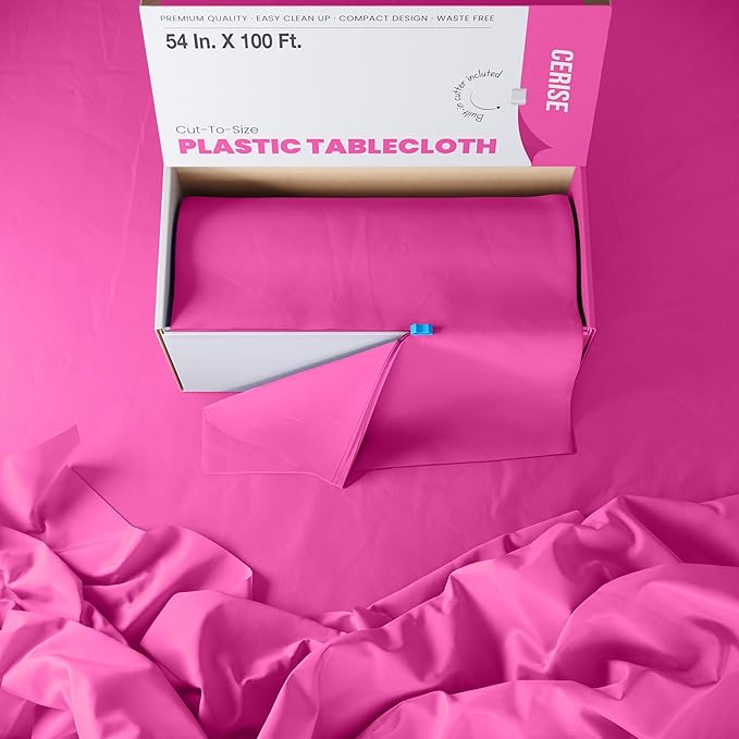 Party Solids 54 Inch X 100 Feet Cerise Plastic Table Cover Roll in A Cut - to - Size Box with Convenient Slide Cutter. Cuts Up to 12 Rectangle 8 Feet Plastic Disposable Tablecloths