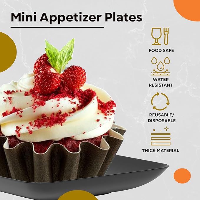 Exquisite Tiny Mini Disposable Appetizer Plates - 240 Pack 2.4 In. x 2.4 In. Black Plastic Wedding Plates - Small, BPA Free