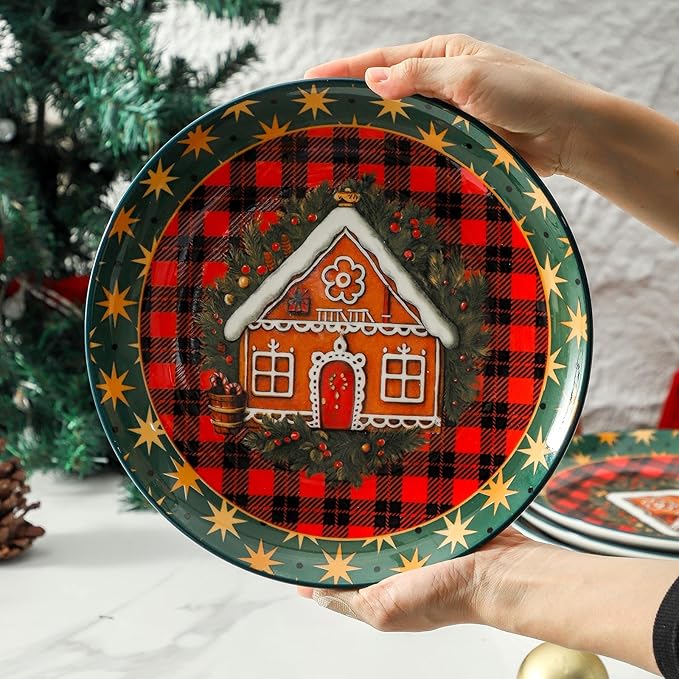 Ceramic Dinner Plates Set of 6,Stoneware 10 Inch,Microwave,Dishwasher and Oven Safe,Porcelain Dessert Plates for Pasta,Salad and Steak,Dishes Set for Kitchen,Scratch Resistant,Christmas