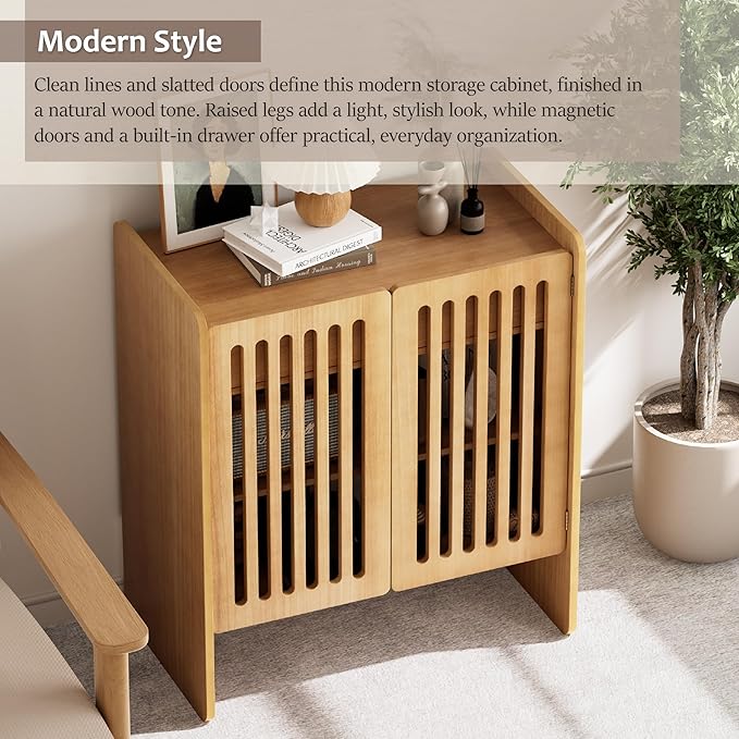 COZAYH Modern 2 Door Wooden Storage Cabinet with Drawer, Mid-Century Slatted Door Accent Cabinet for Living Room or Dining Room, Magnetic Doors, Raised Legs, Natural Wood Color